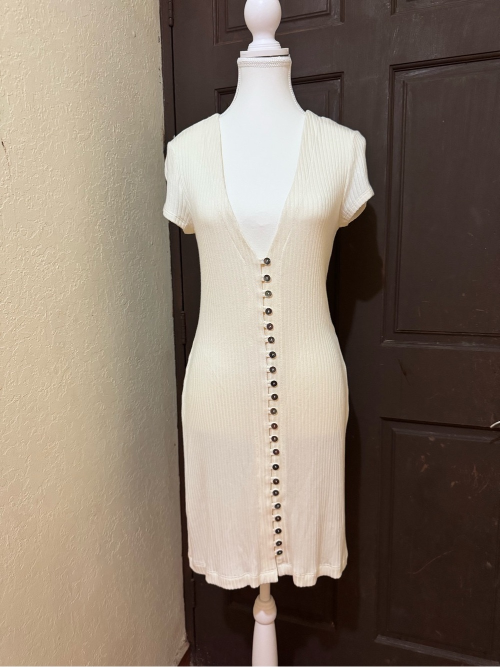 Reformation Cream Ribbed Button-Front Mini Dress